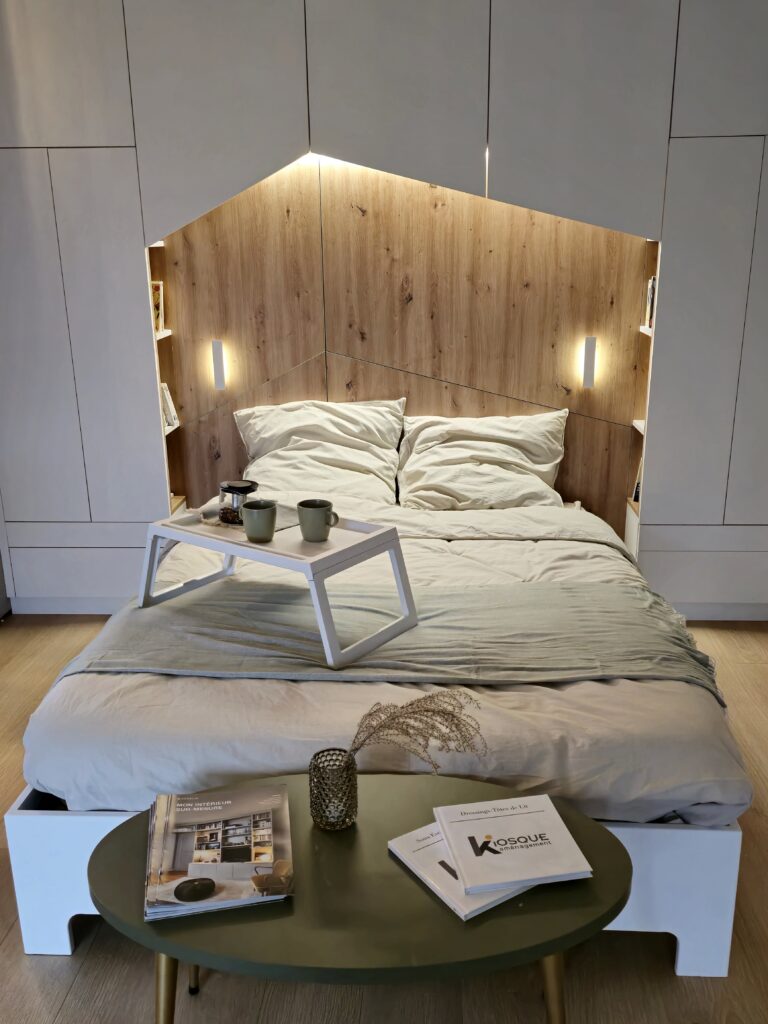 Meubles sur mesure: tête de lit avec de multiples rangements. A noter la forme des découpes des portes asymétrique d'une grande originalité